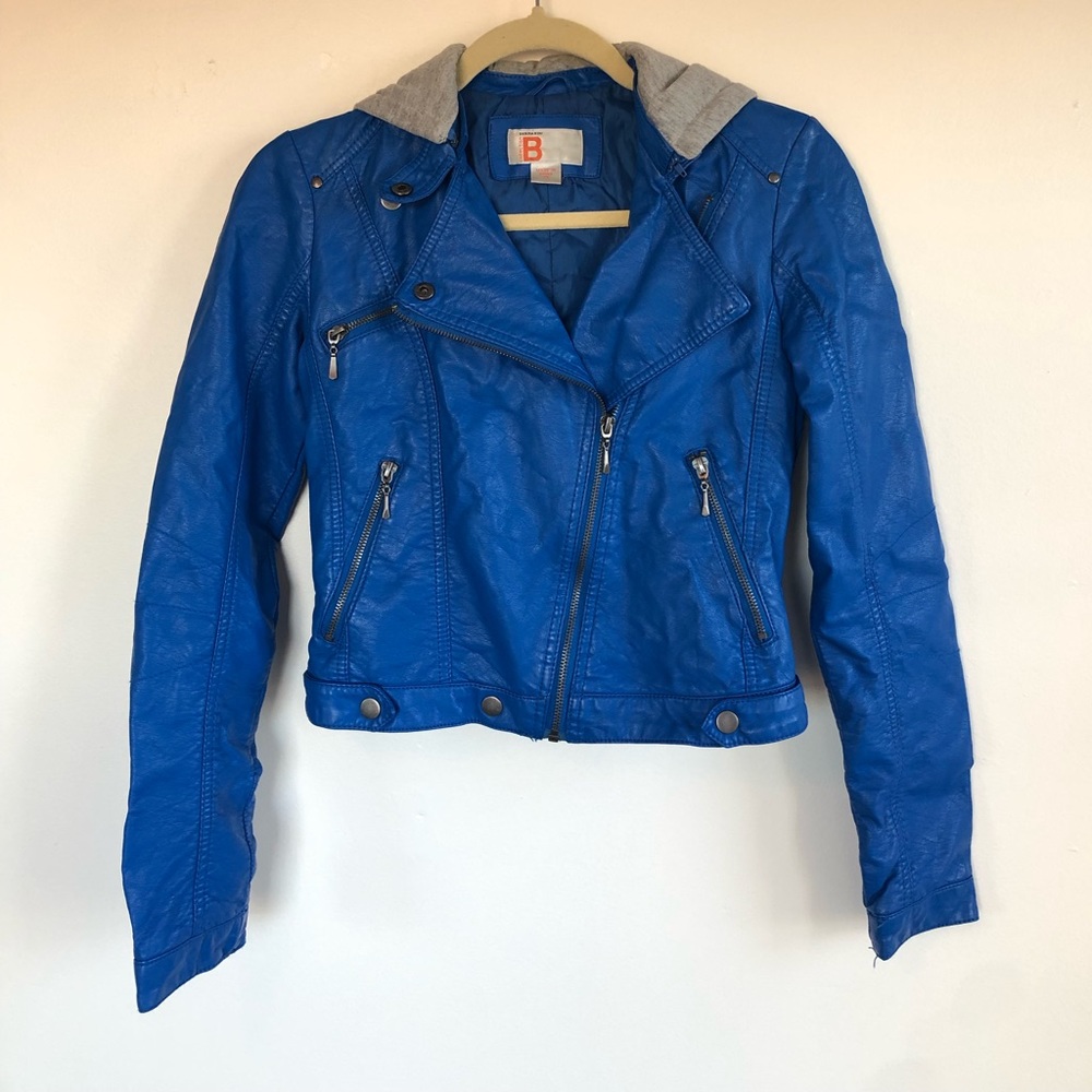 Bernardo Blue Faux Leather Moto Jacket With Hood